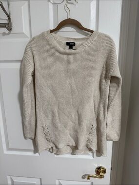 a.n.a Cream Lace-Up Hem Crewneck Sweater